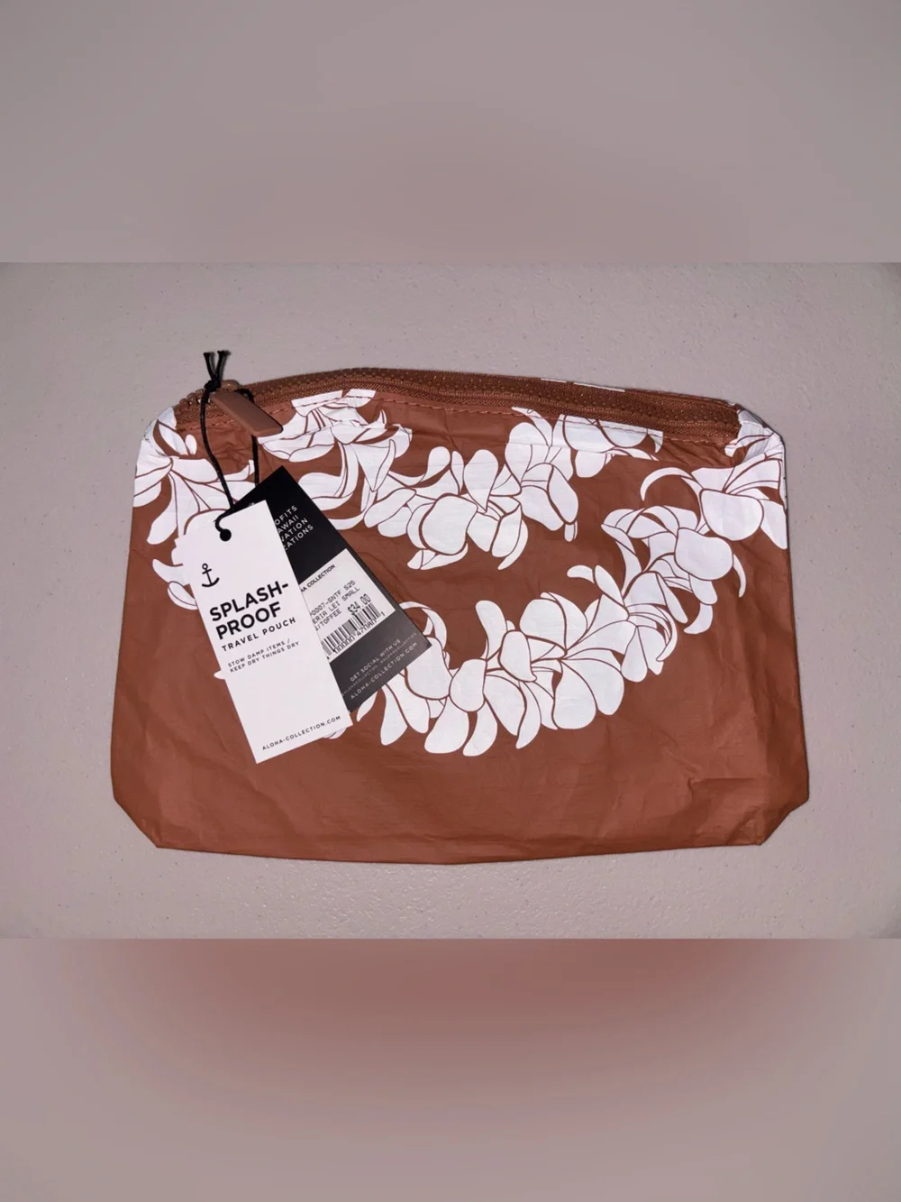Splash-Proof Brown Travel Pouch with White Floral Print